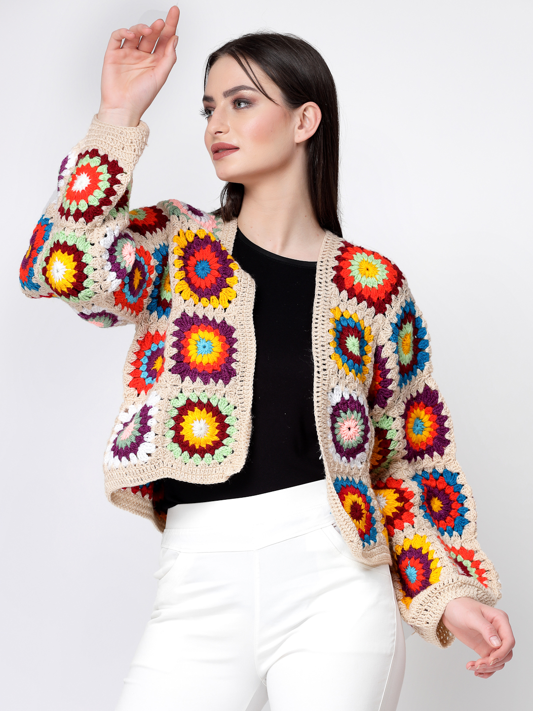 Crochet Granny Square Baggy Sweater for Women- Beige