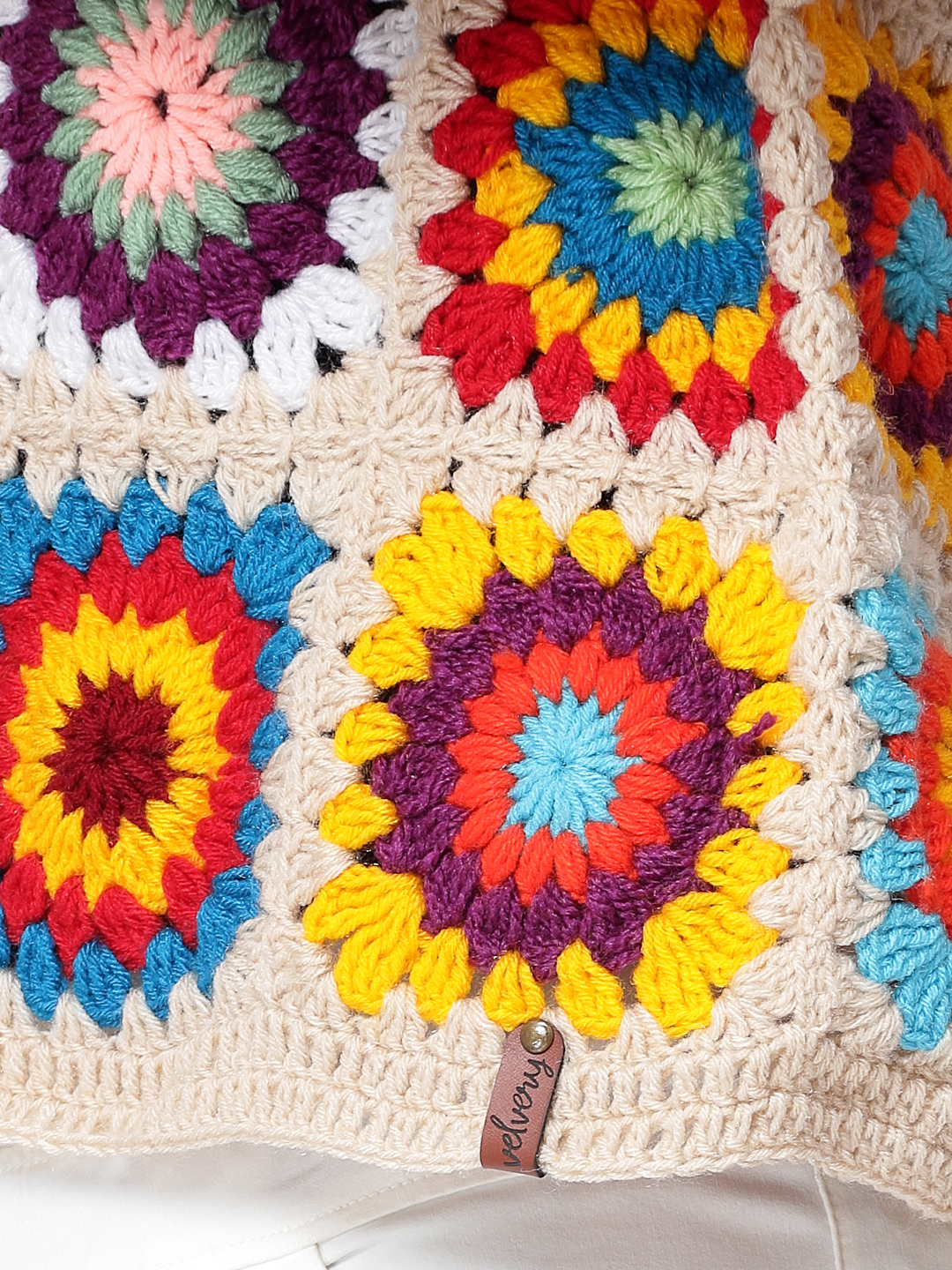Crochet Granny Square Baggy Sweater for Women- Beige