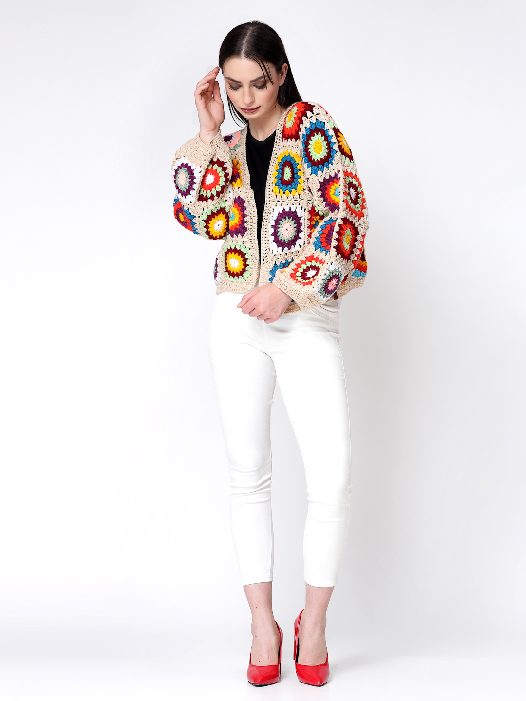 Crochet Granny Square Baggy Sweater for Women- Beige