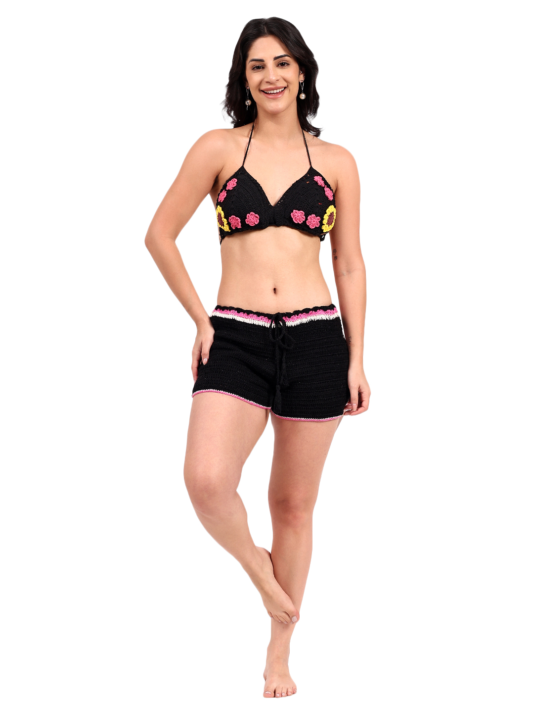 Handmade Crochet Floral Bralette Top - Black