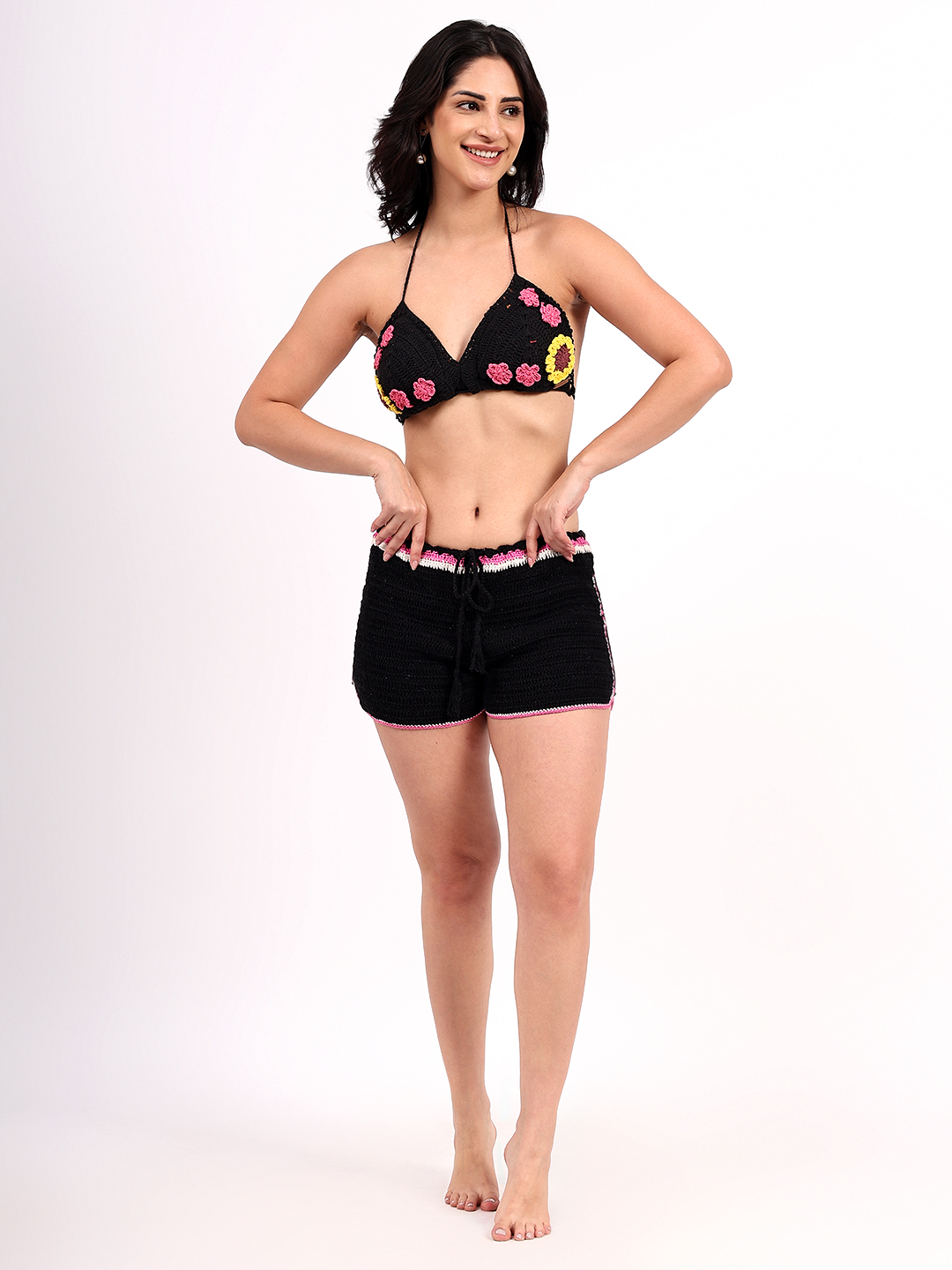 Handmade Crochet Floral Bralette Top - Black