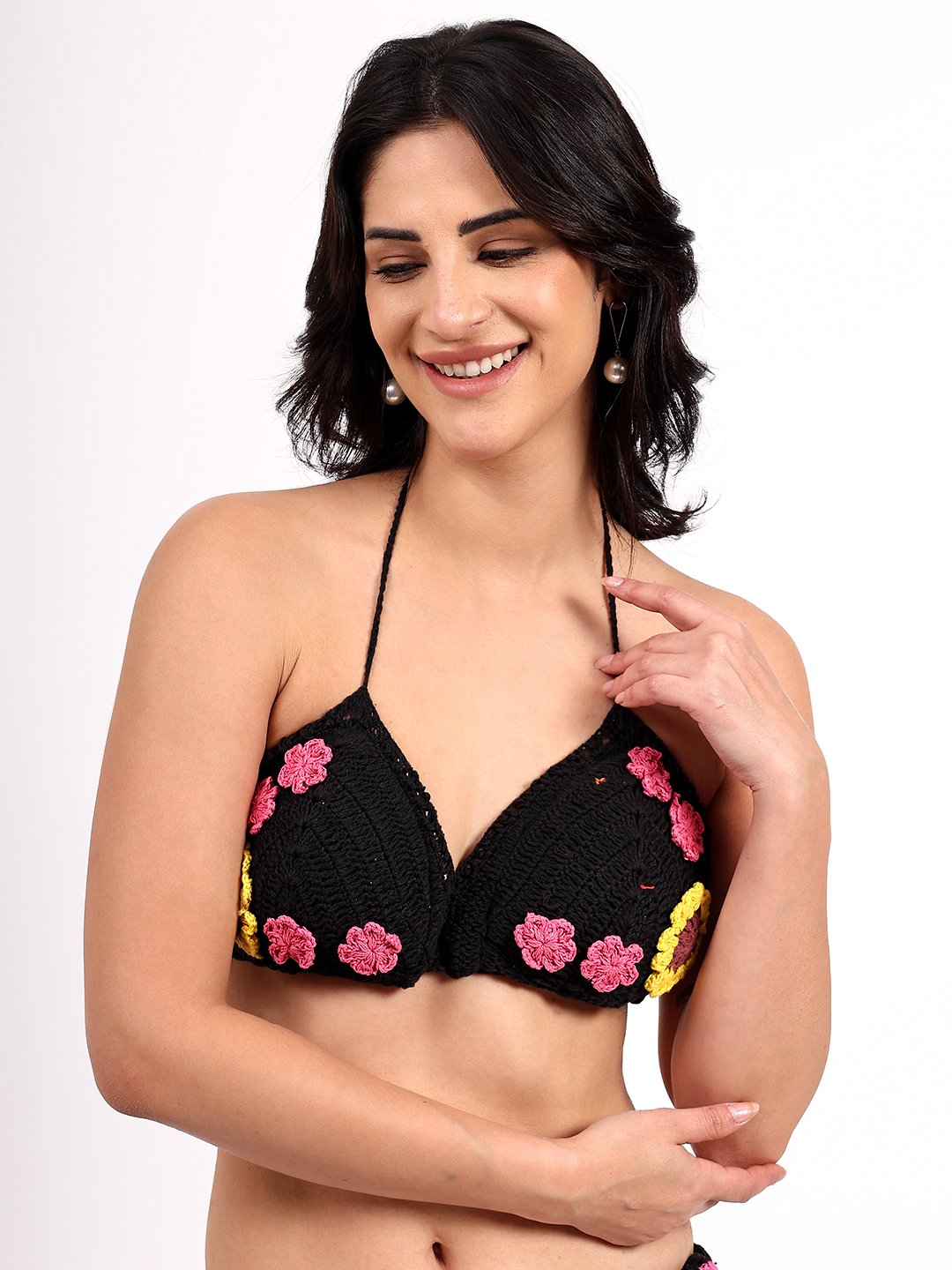 Handmade Crochet Floral Bralette Top - Black