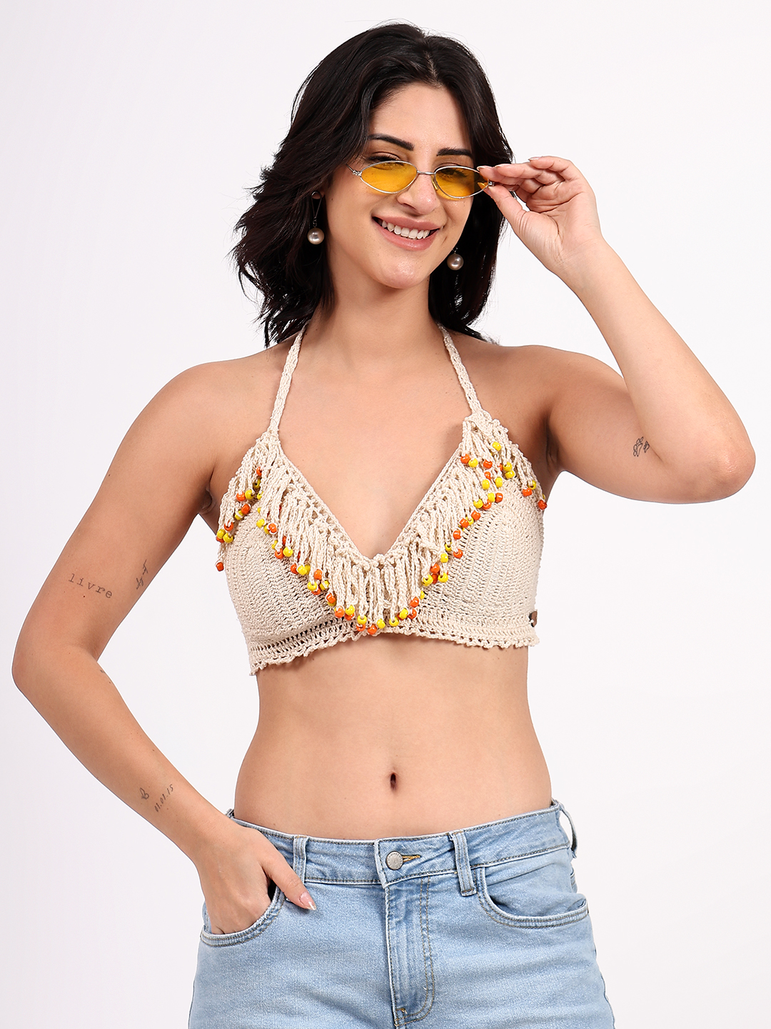 Crochet Beaded Tassel Detailed Bralette Beachwear Top