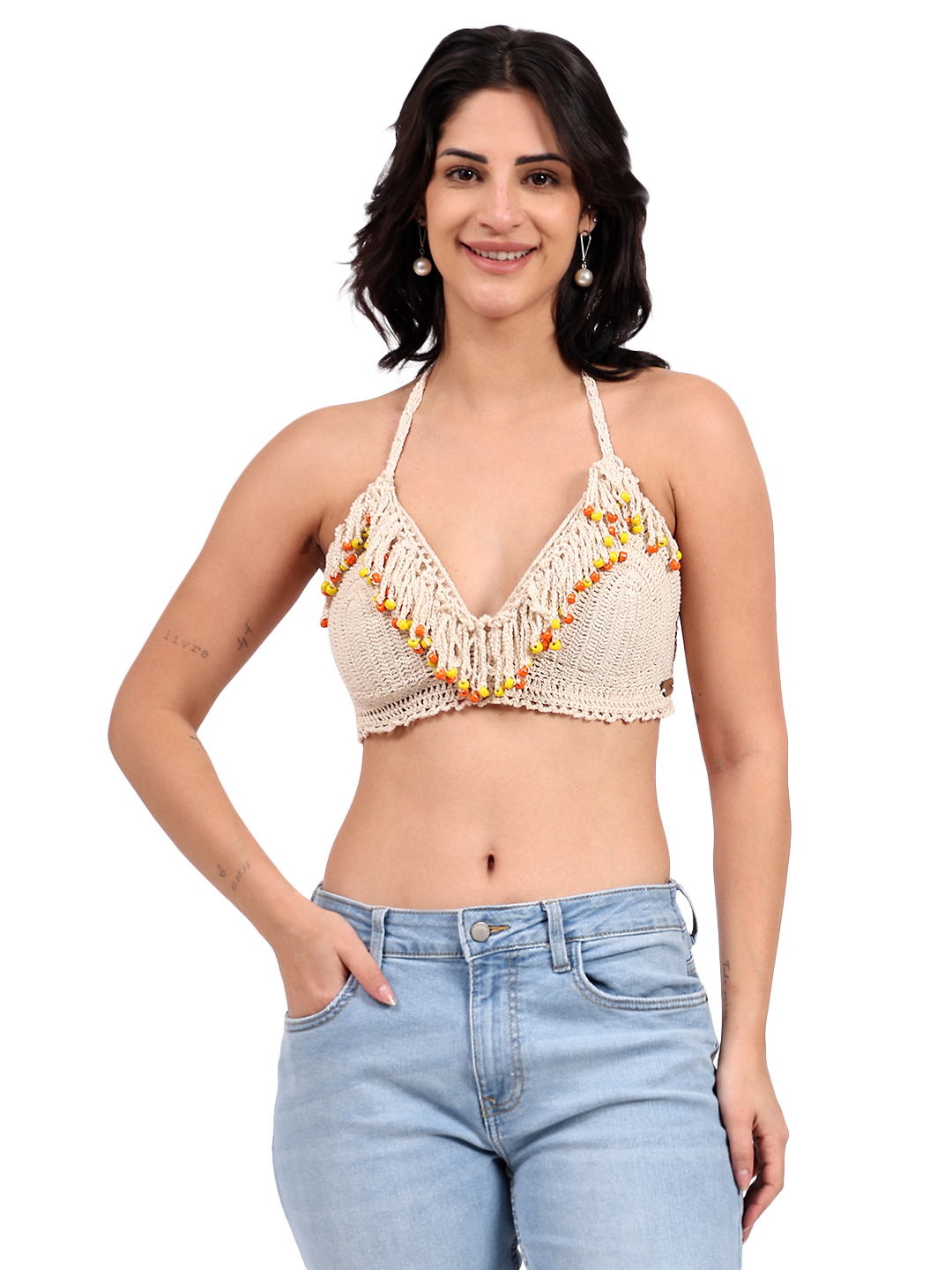 Crochet Beaded Tassel Detailed Bralette Beachwear Top