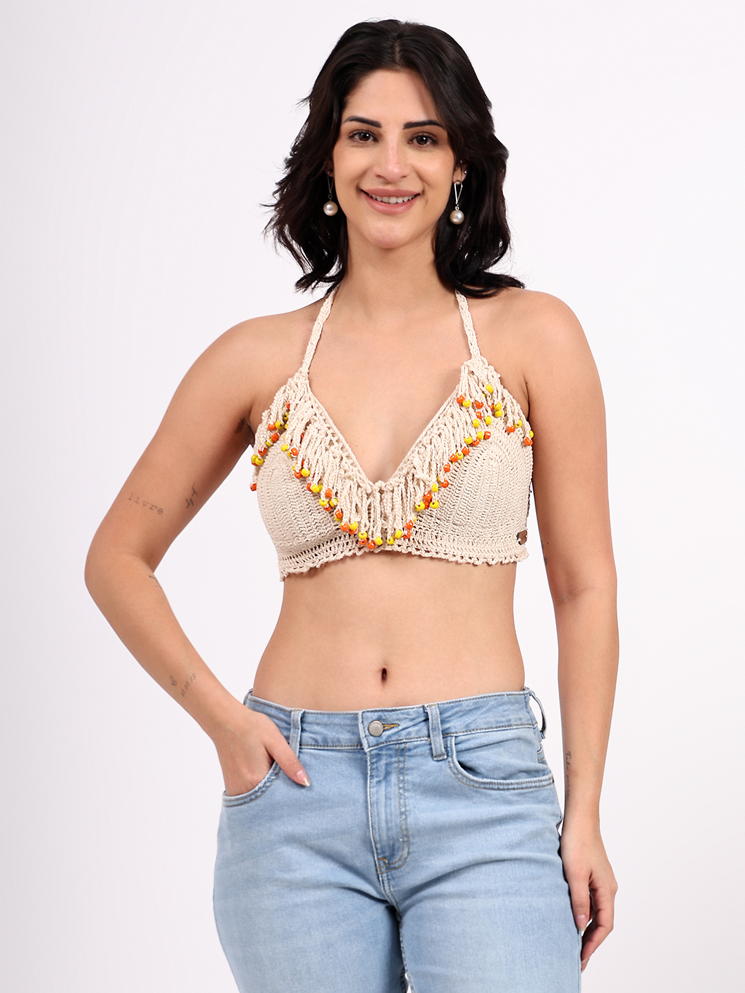 Crochet Beaded Tassel Detailed Bralette Beachwear Top
