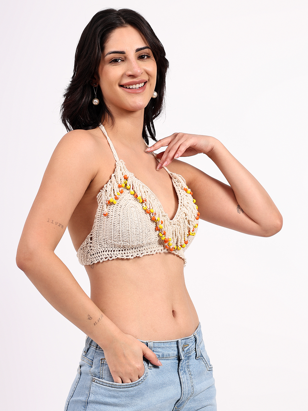 Crochet Beaded Tassel Detailed Bralette Beachwear Top