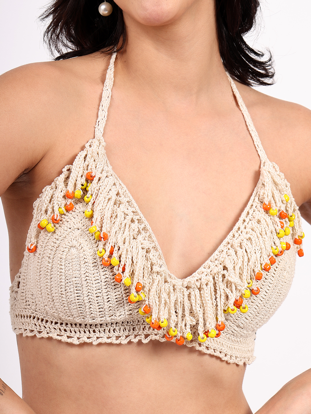 Crochet Beaded Tassel Detailed Bralette Beachwear Top
