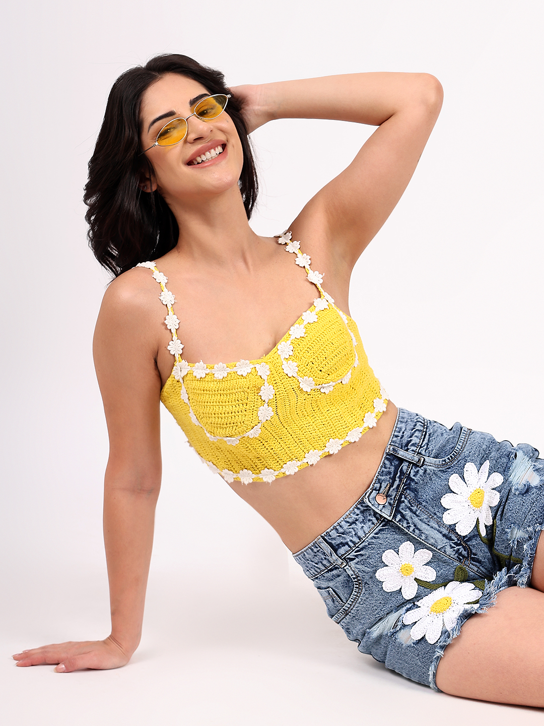 Handmade Crochet Floral Corset Top - Yellow