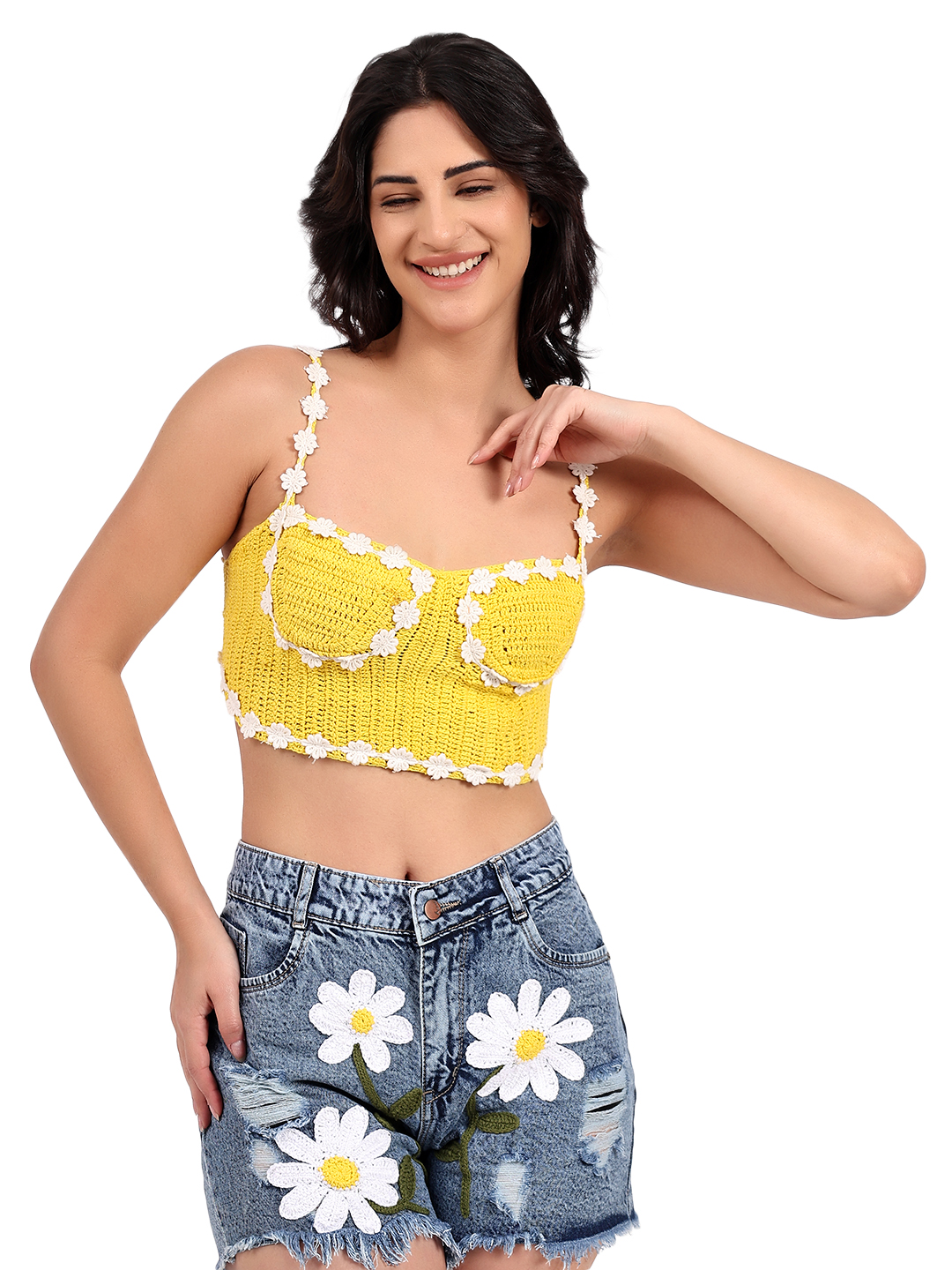 Handmade Crochet Floral Corset Top - Yellow