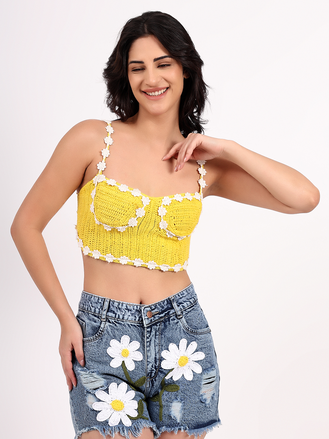 Handmade Crochet Floral Corset Top - Yellow