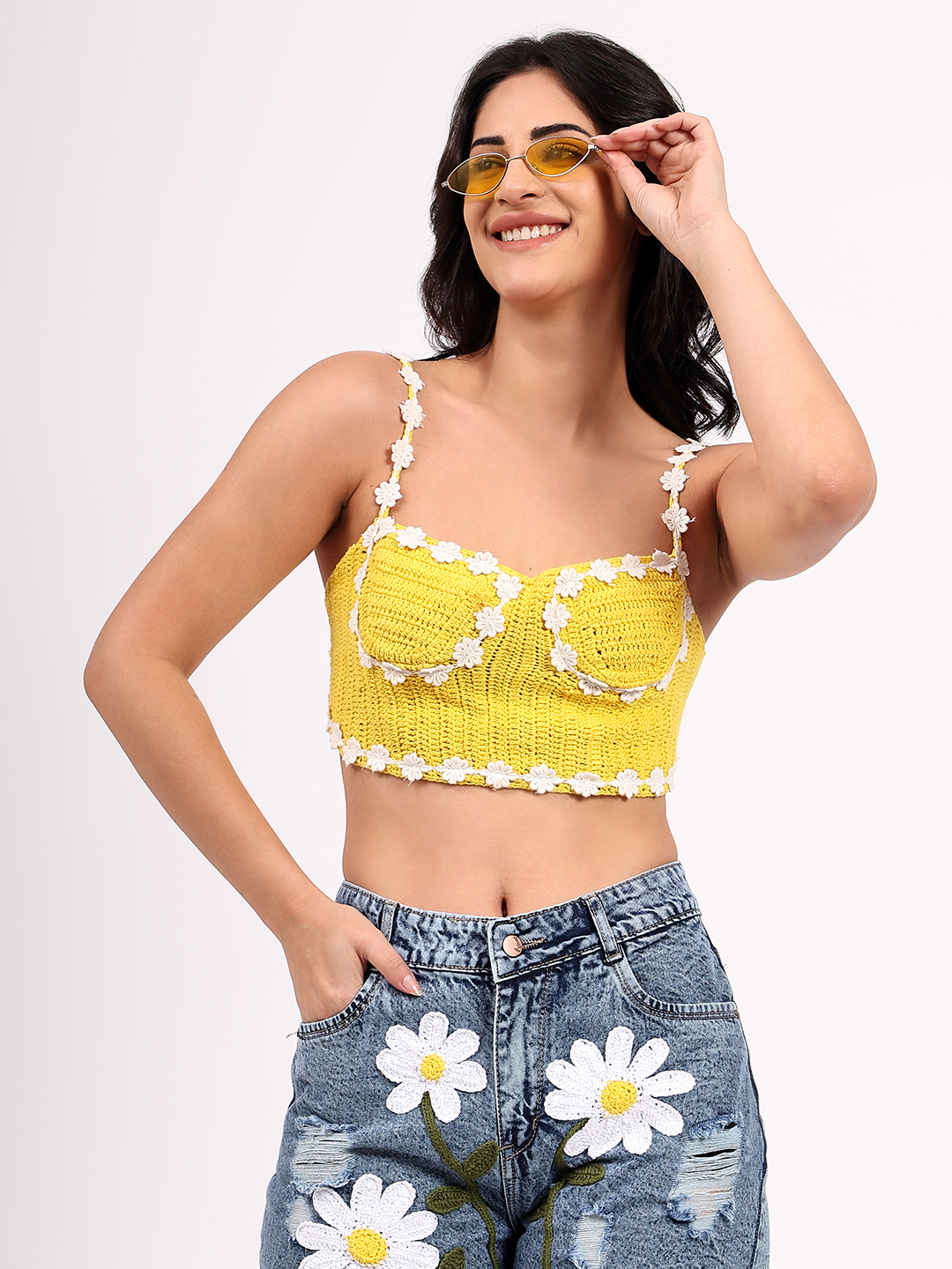 Handmade Crochet Floral Corset Top - Yellow
