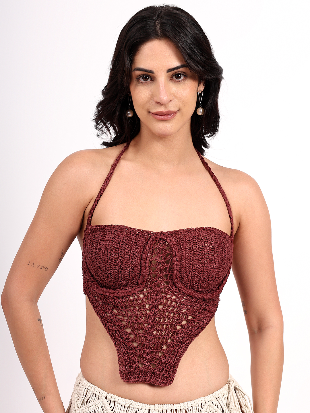 Braided Strap Detailed Corset Top - Brown