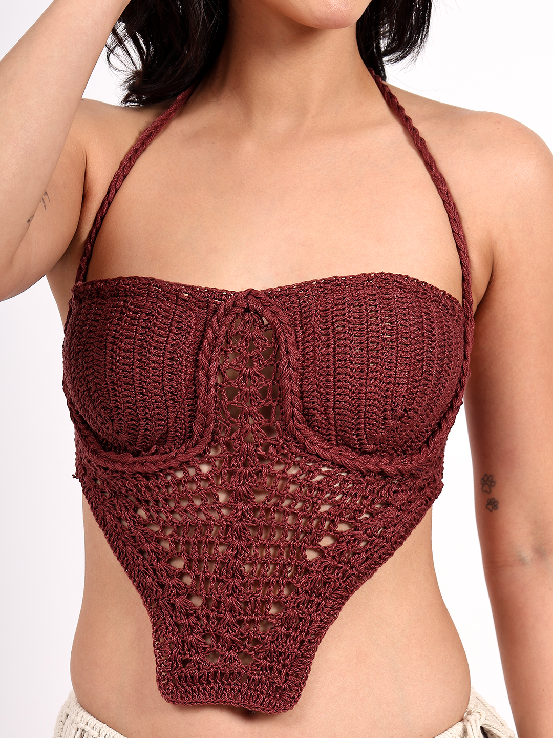 Braided Strap Detailed Corset Top - Brown