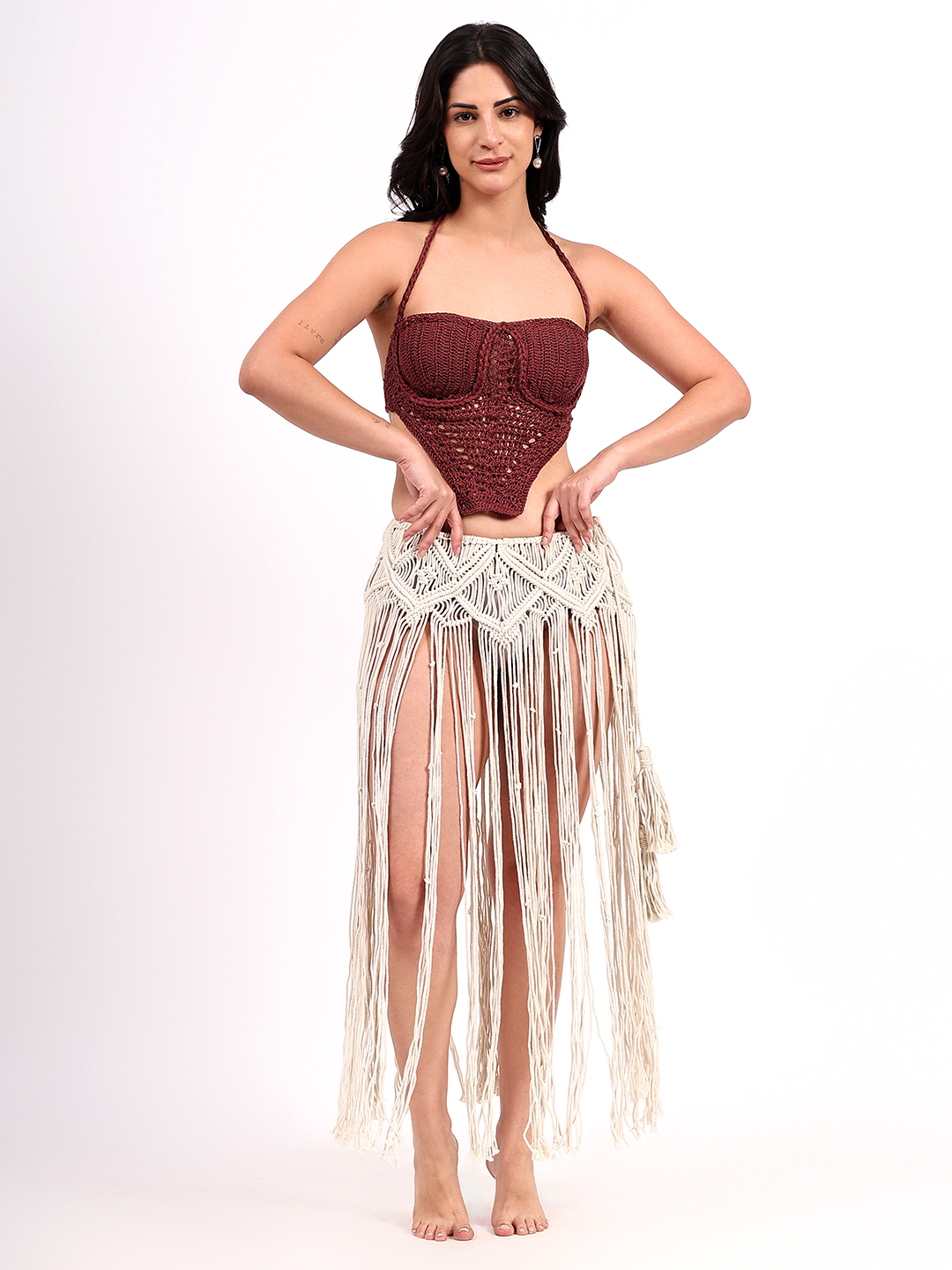 Braided Strap Detailed Corset Top - Brown