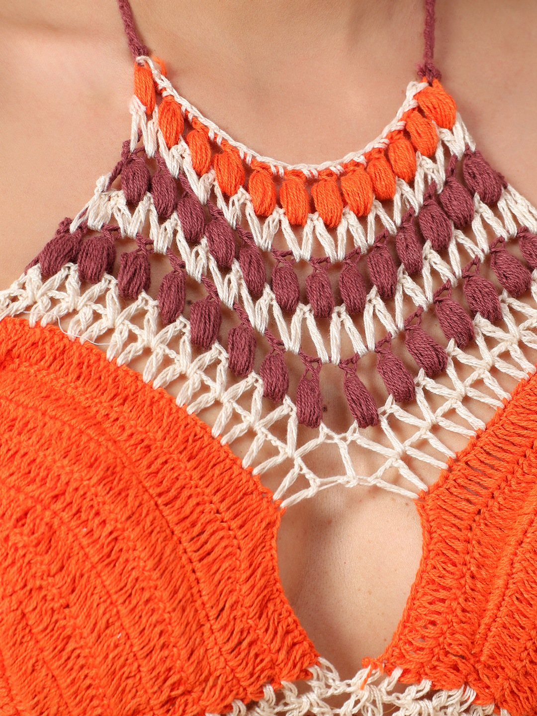Crochet Neck Detailed Bright Colored Bralette Beachwear - Orange