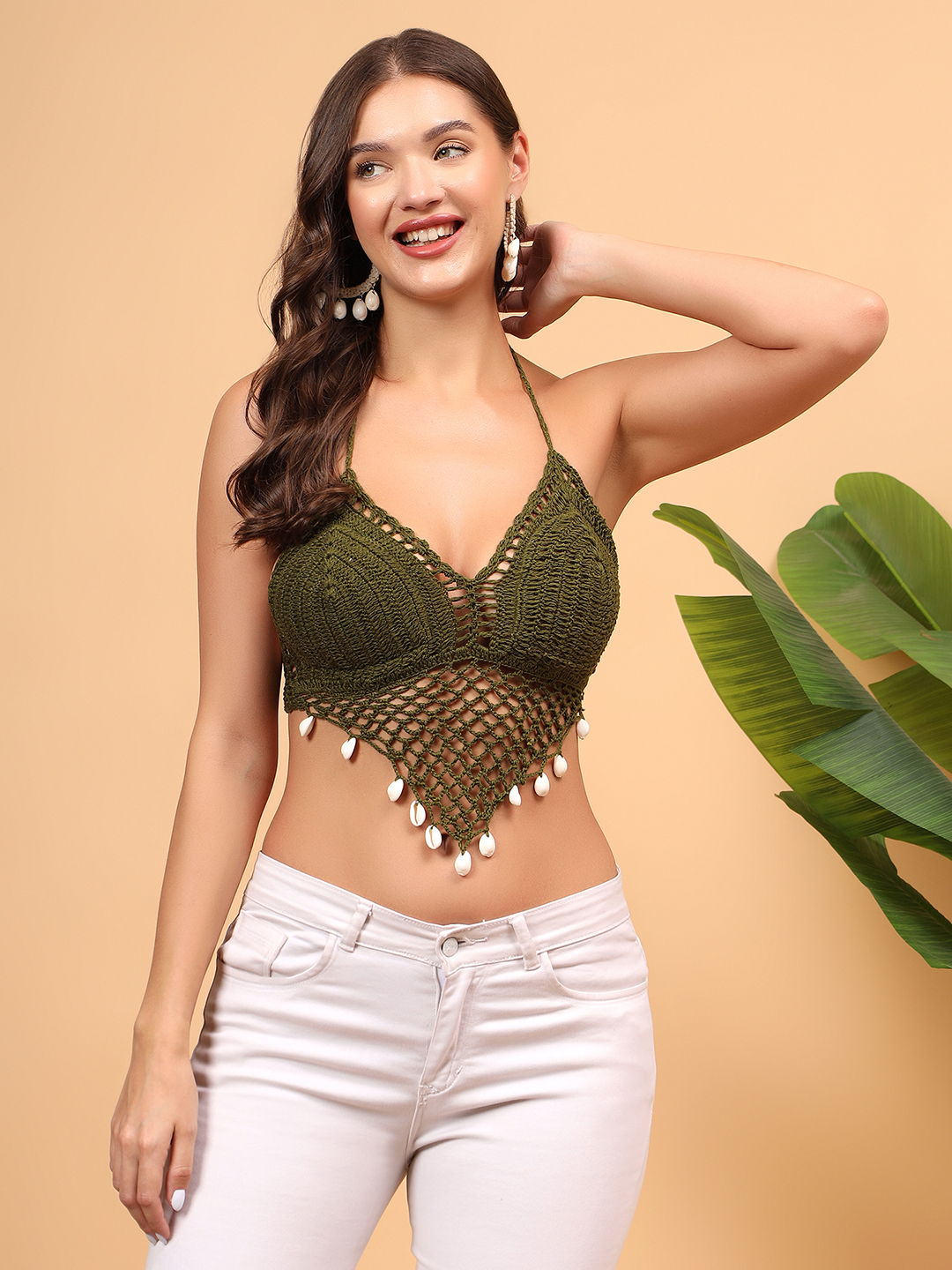 Shell Detailed Halterneck Crochet Bralette - Green