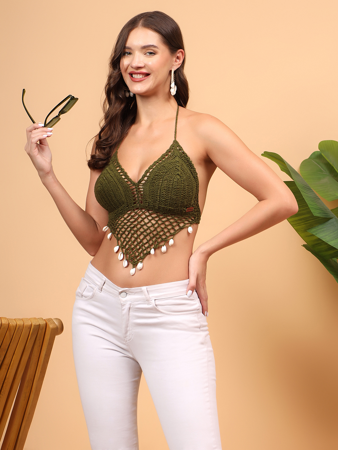 Shell Detailed Halterneck Crochet Bralette - Green