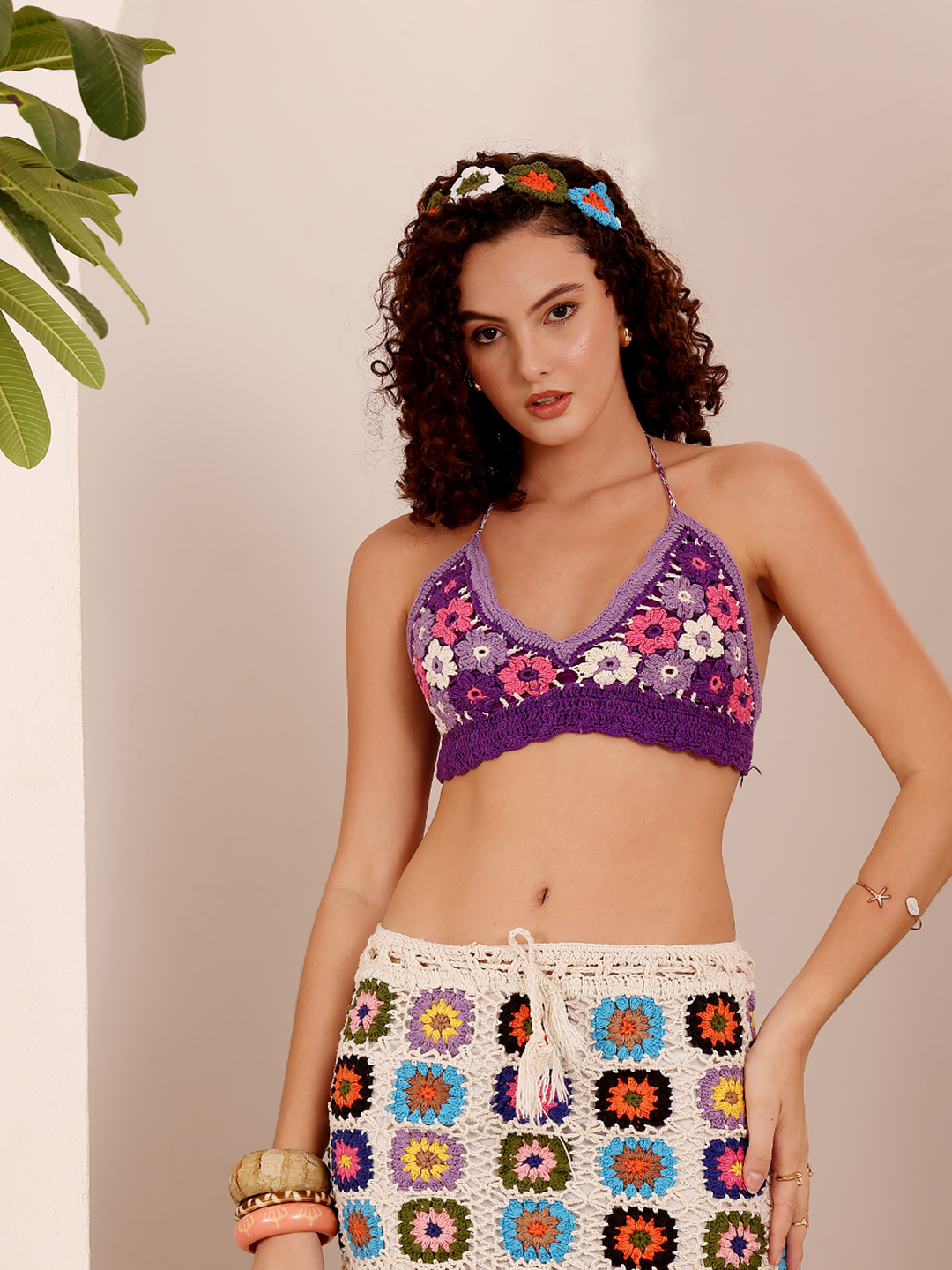 Multicolored Floral Resortwear Crochet Top - Purple