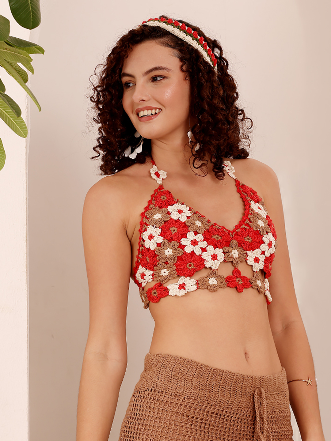 Multicolored Floral Resortwear Crochet Top - Red