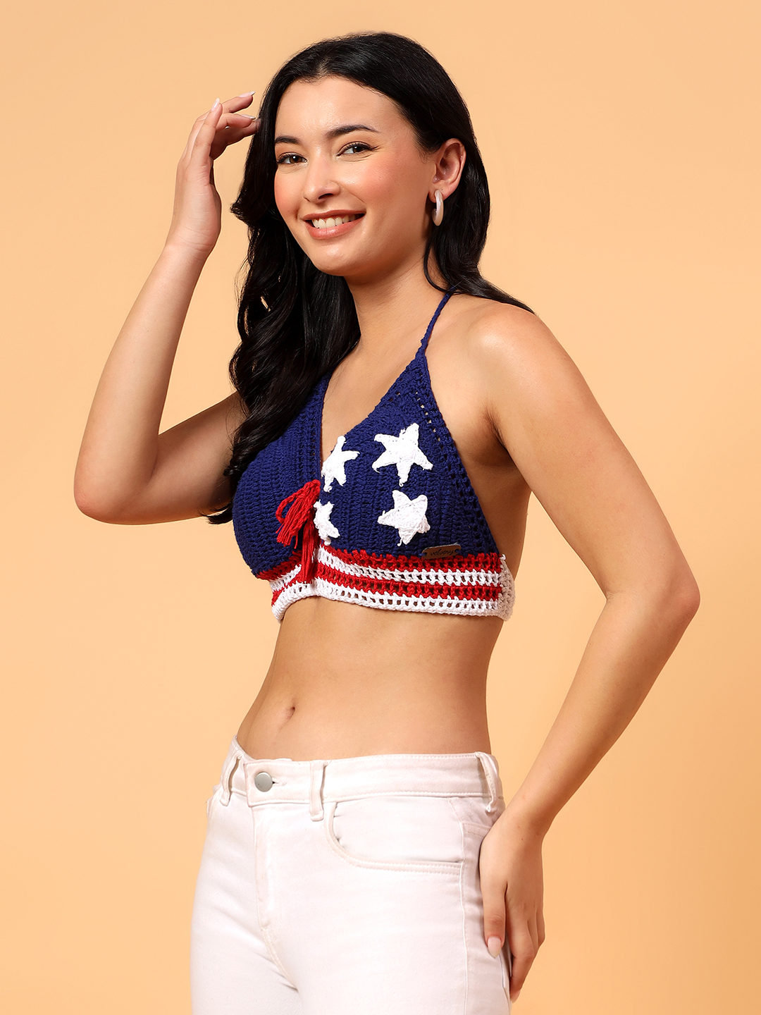 Velvery Crochet Star Applique Bralette  Blue