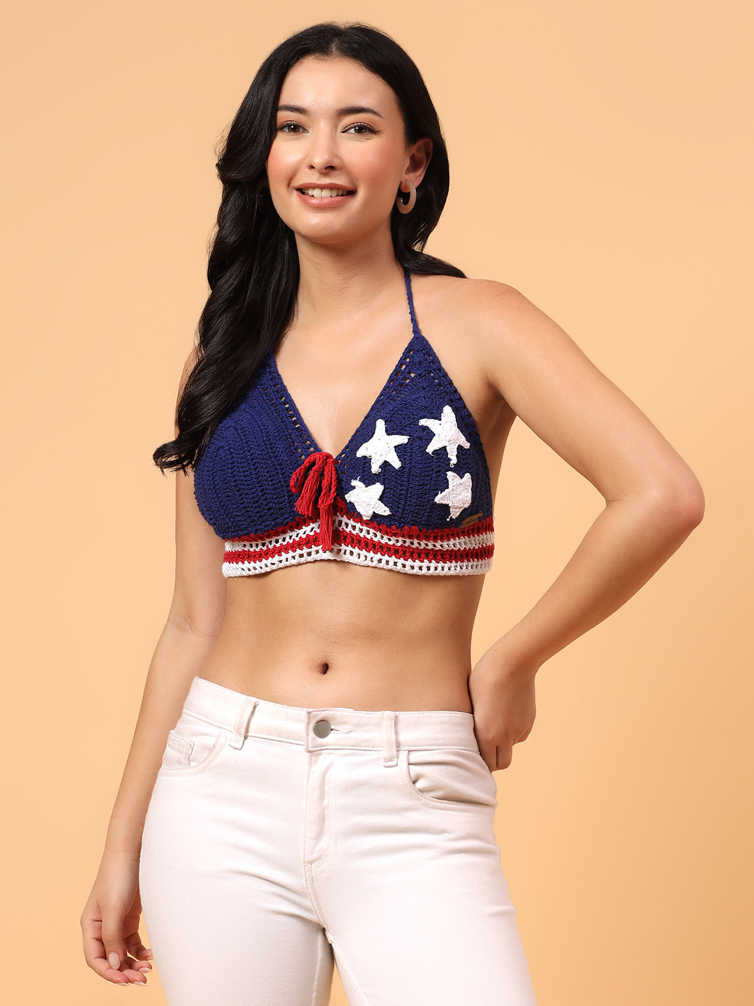 Velvery Crochet Star Applique Bralette  Blue