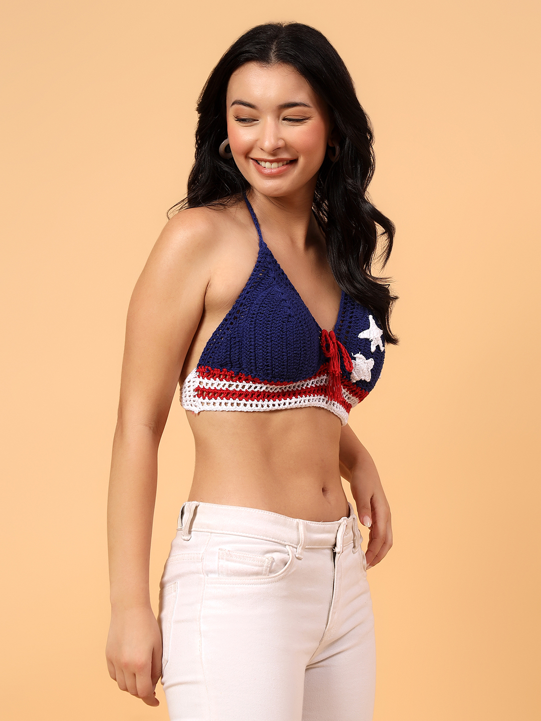 Velvery Crochet Star Applique Bralette  Blue