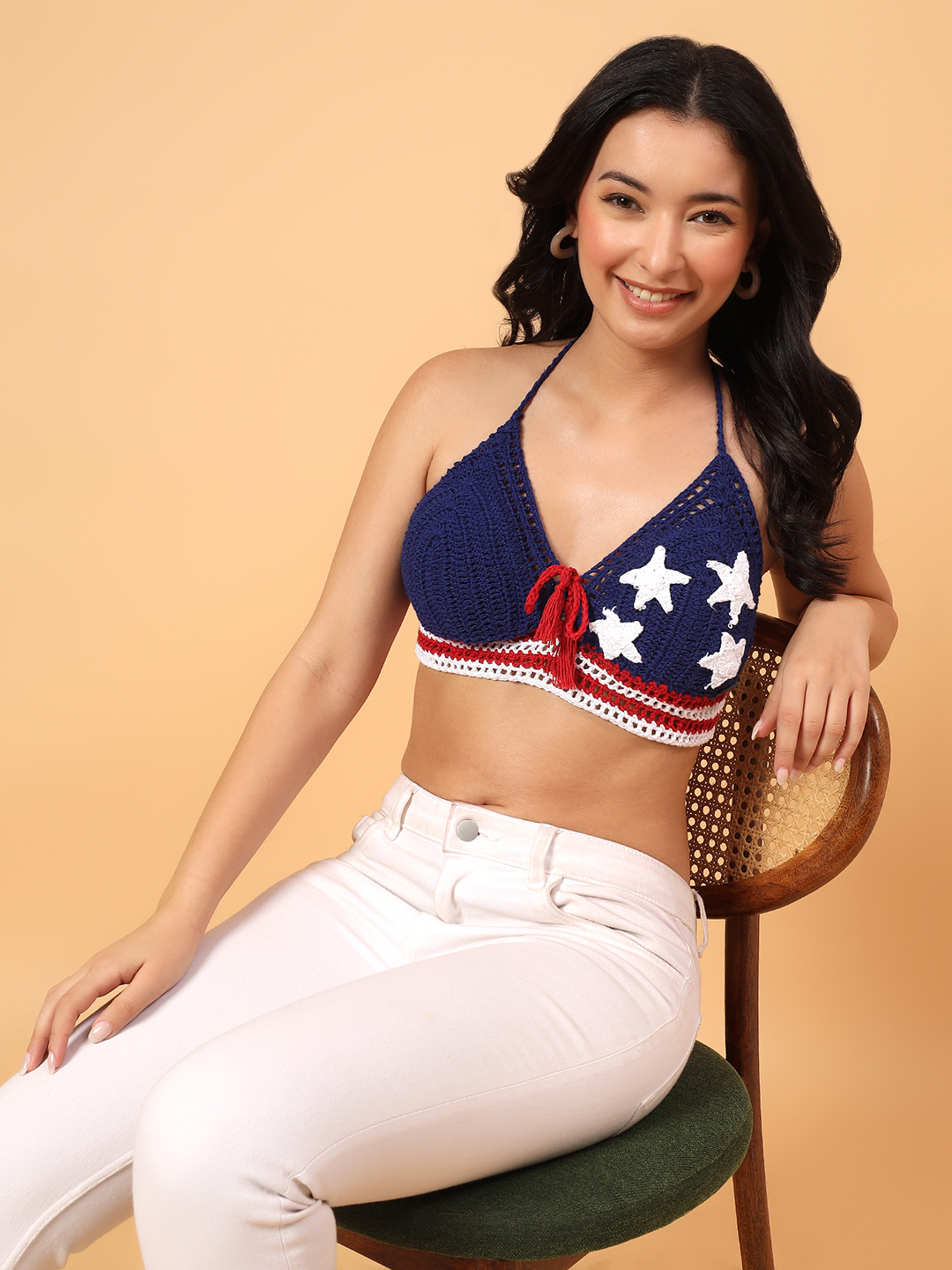 Velvery Crochet Star Applique Bralette  Blue