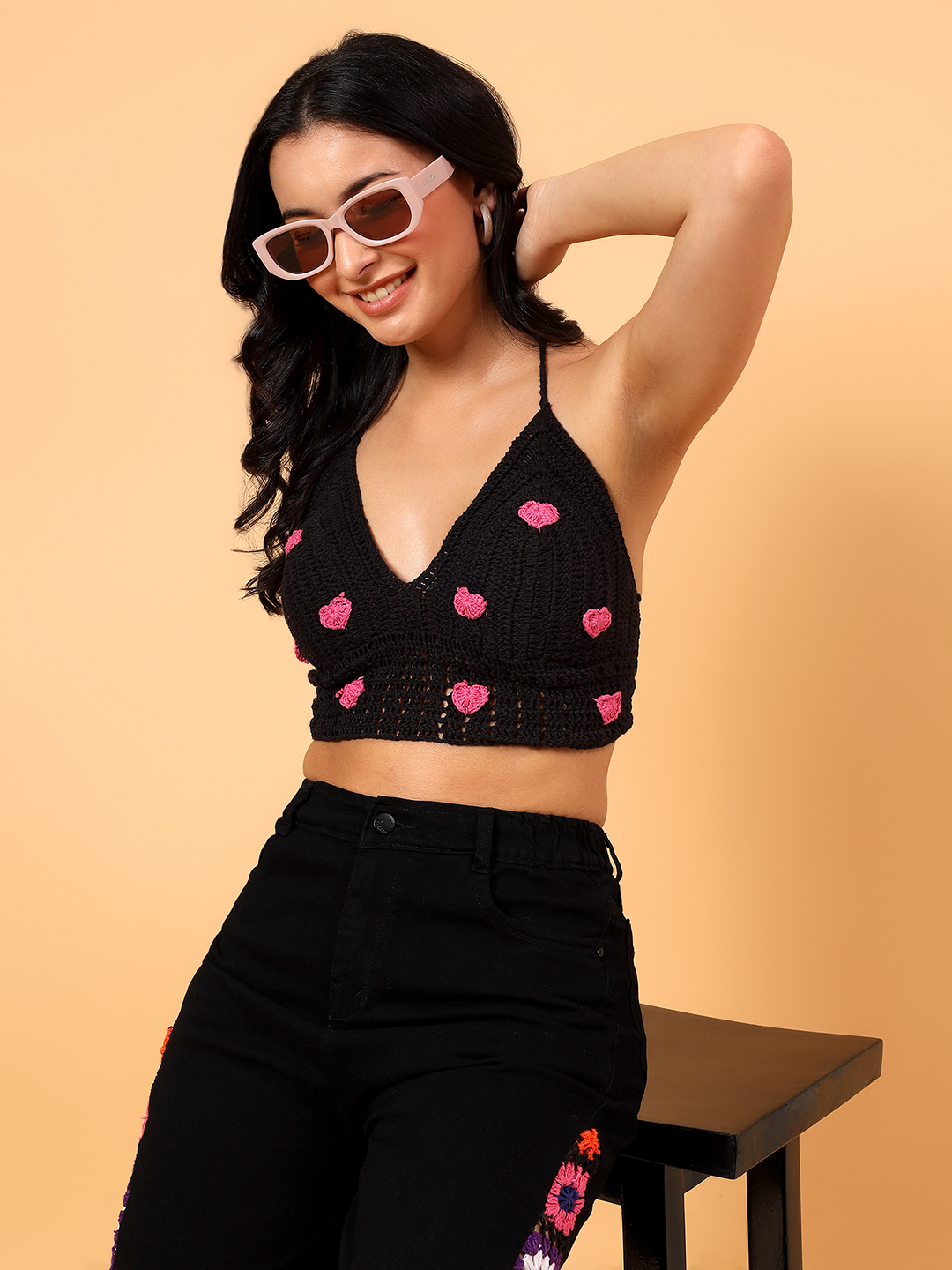 Velvery Crochet Heart Applique Bralette  Black