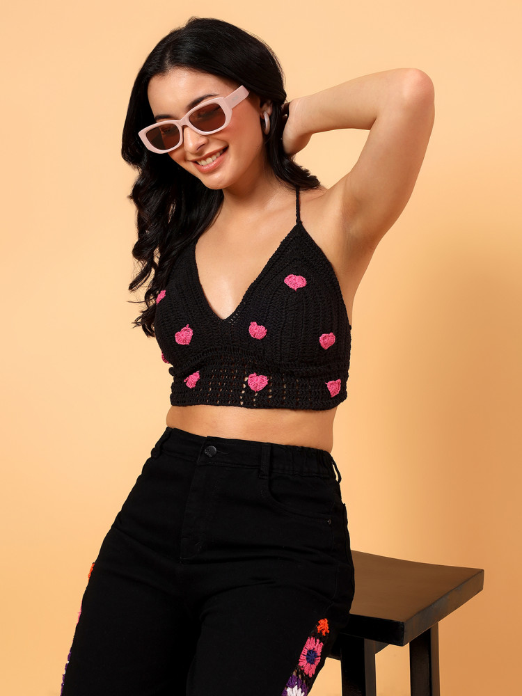 Image of Velvery Crochet Heart Applique Bralette - Black