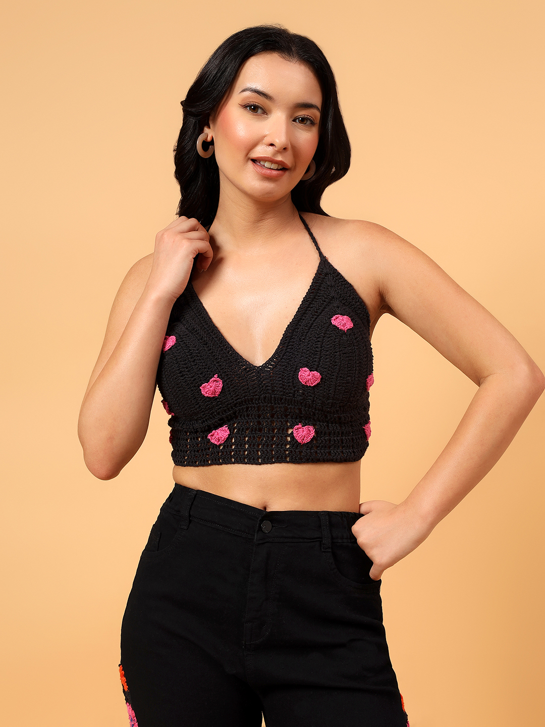 Velvery Crochet Heart Applique Bralette  Black