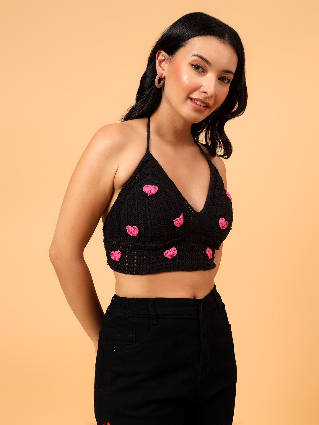 Velvery Crochet Heart Applique Bralette  Black