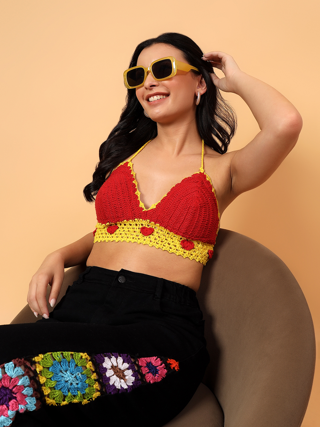 Velvery Crochet Heart Design Crop Top Red