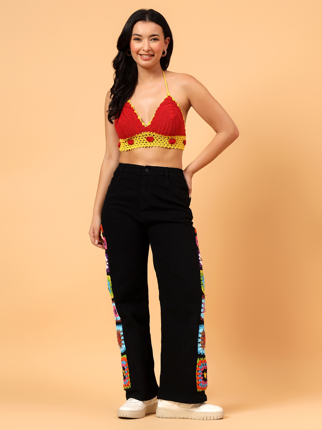 Velvery Crochet Heart Design Crop Top Red