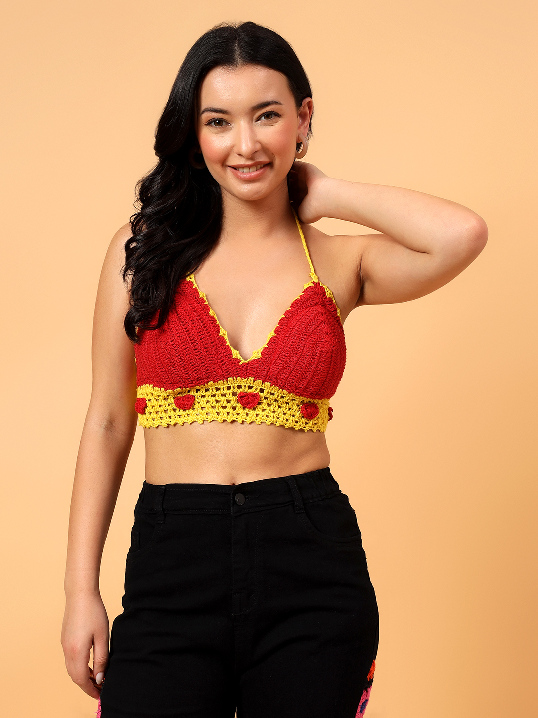 Velvery Crochet Heart Design Crop Top Red