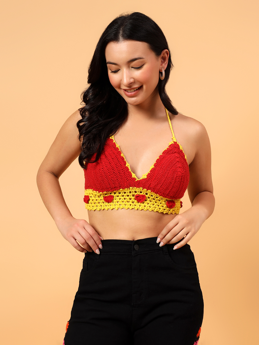 Velvery Crochet Heart Design Crop Top Red