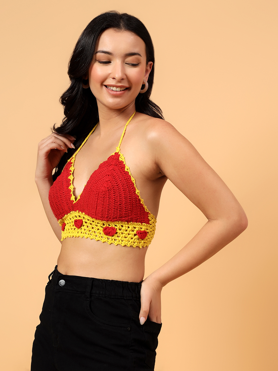 Velvery Crochet Heart Design Crop Top Red