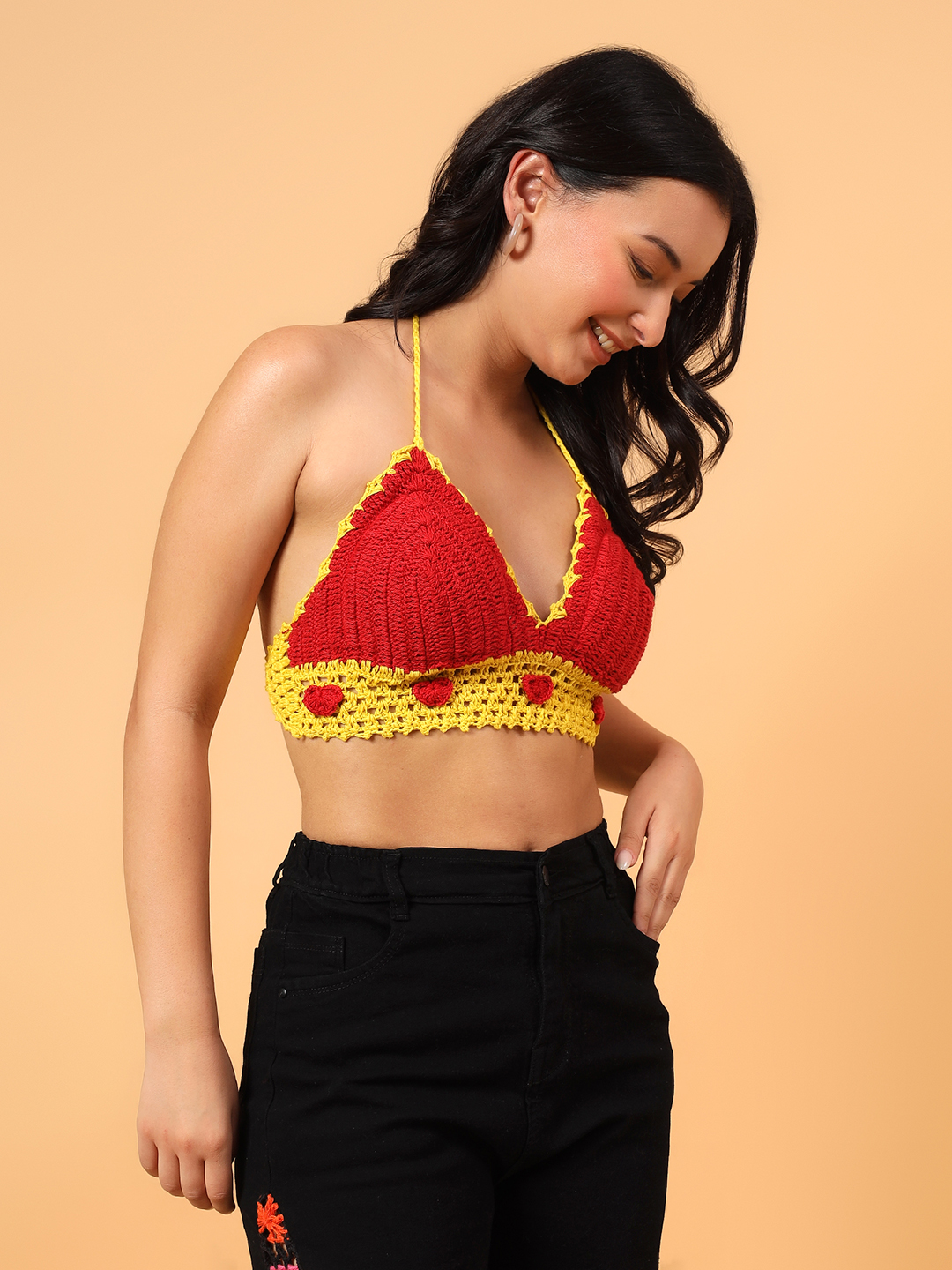 Velvery Crochet Heart Design Crop Top Red