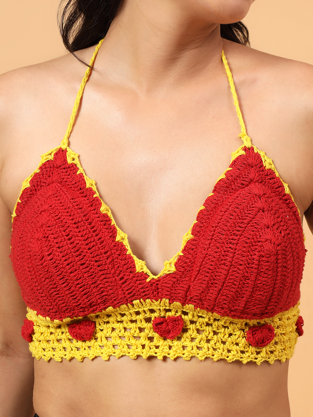 Velvery Crochet Heart Design Crop Top Red