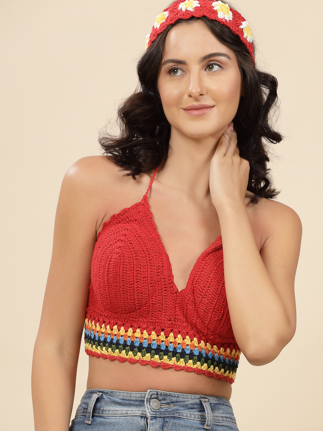 Velvery Handmade Crochet Bohemian Bralette - Red