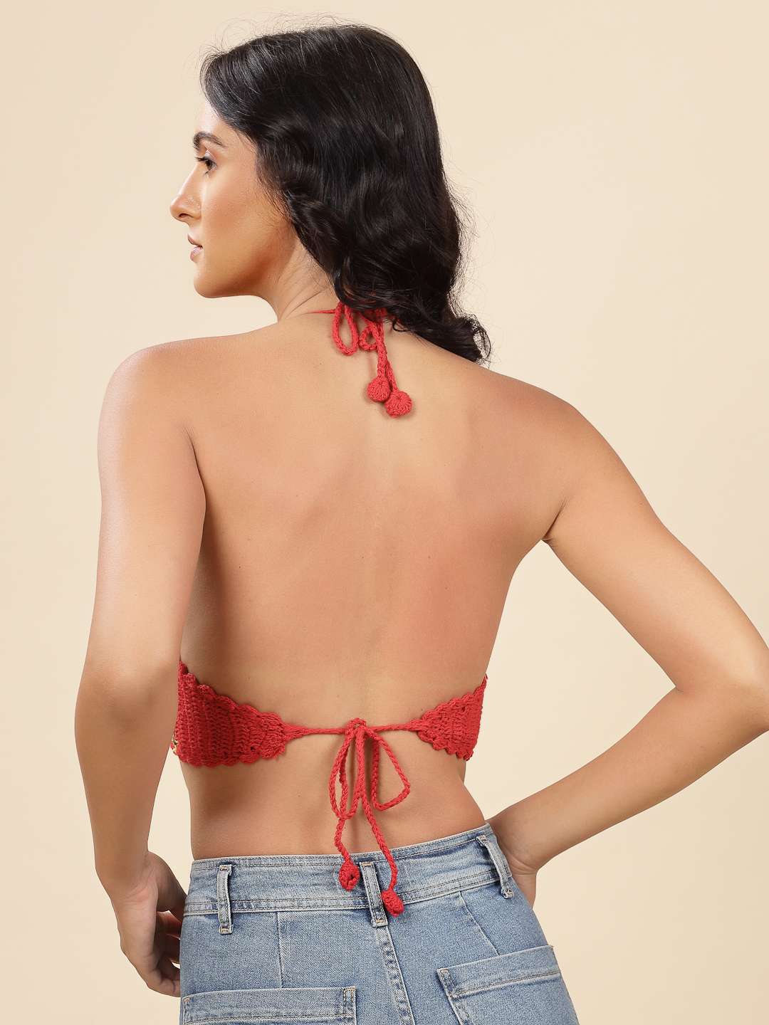 Velvery Handmade Crochet Bohemian Bralette - Red