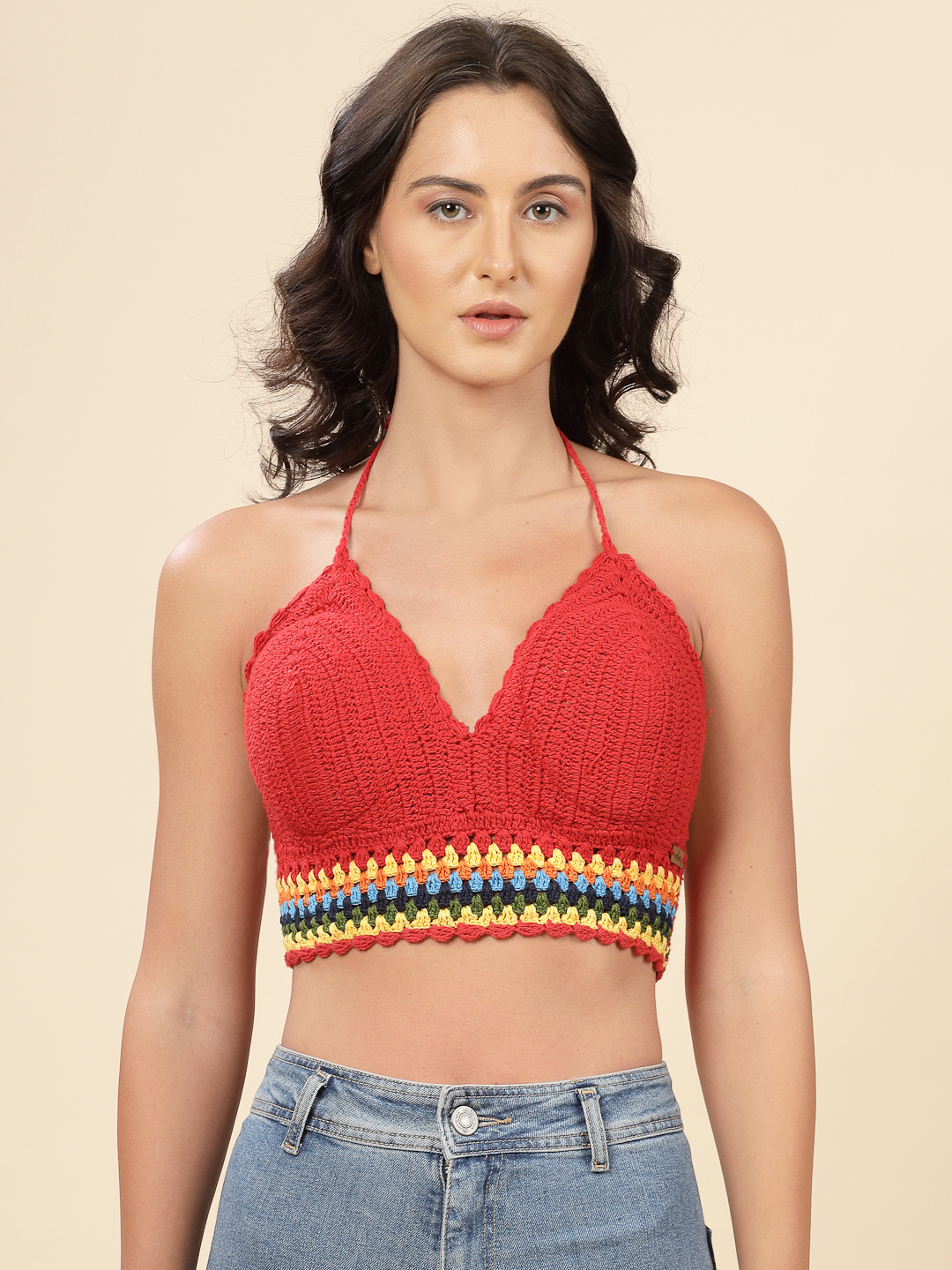Velvery Handmade Crochet Bohemian Bralette - Red