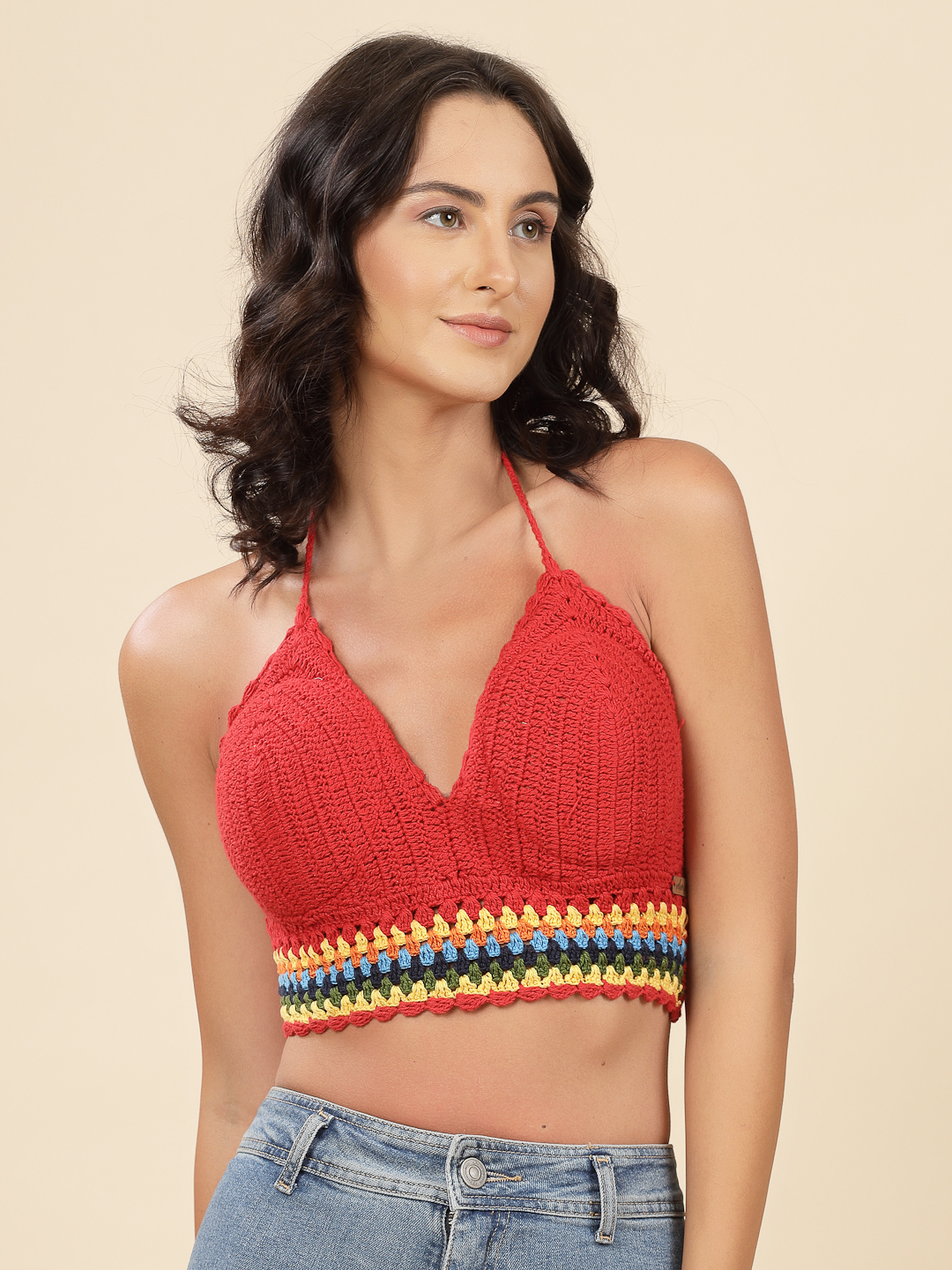 Velvery Handmade Crochet Bohemian Bralette - Red