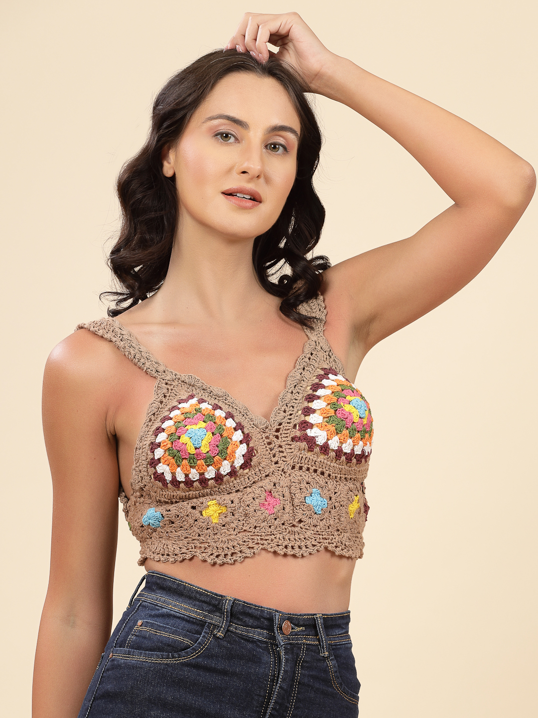 Velvery Crochet Bohemian Beach Bralette with Straps - Beige