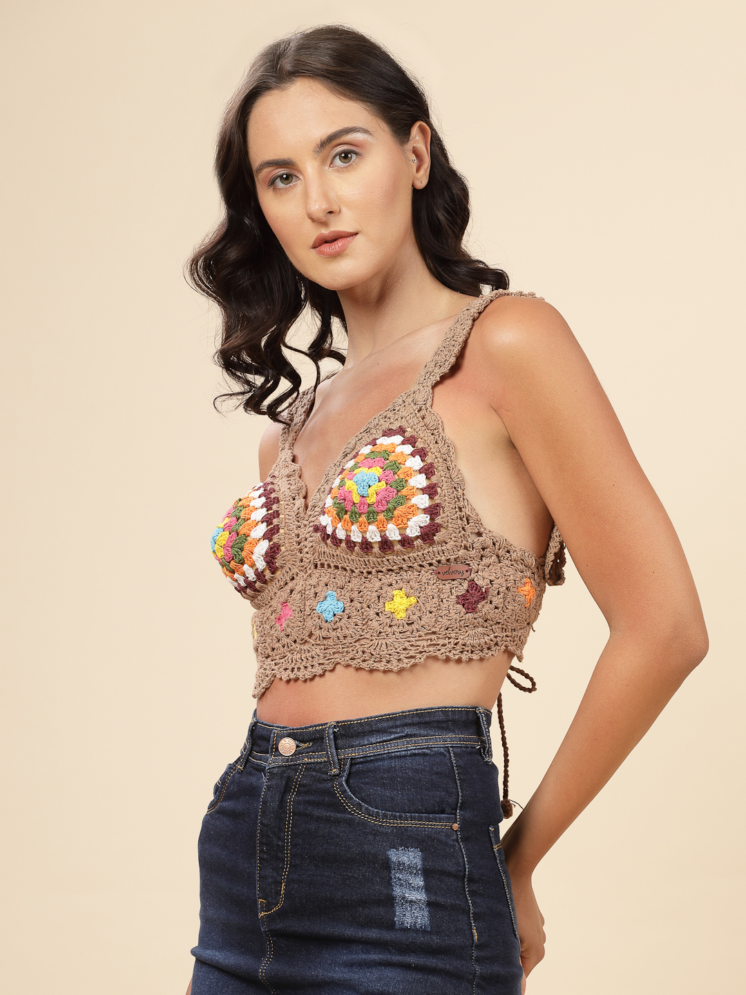 Velvery Crochet Bohemian Beach Bralette with Straps - Beige