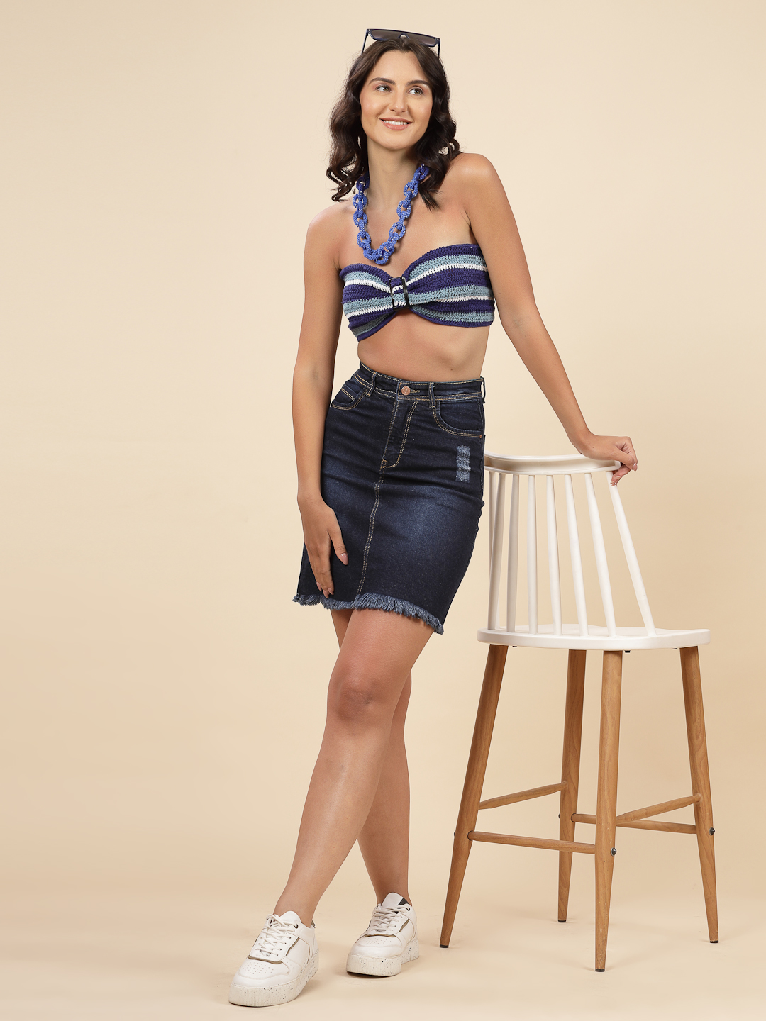 Velvery Crochet Bandeau Bralette Tube Top with Ring - Blue