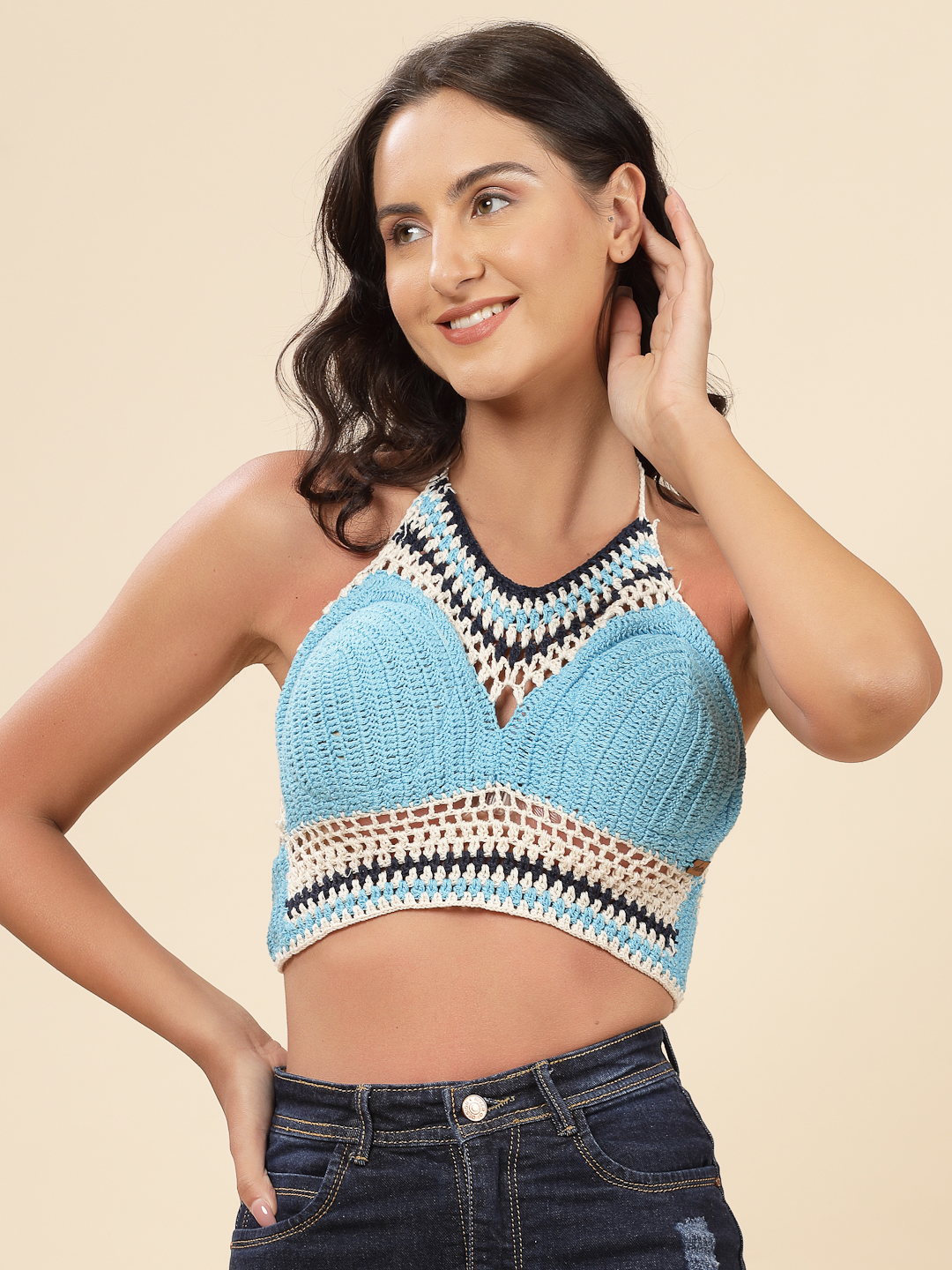 Velvery Crochet High Neck Beach Bralette - Sky Blue