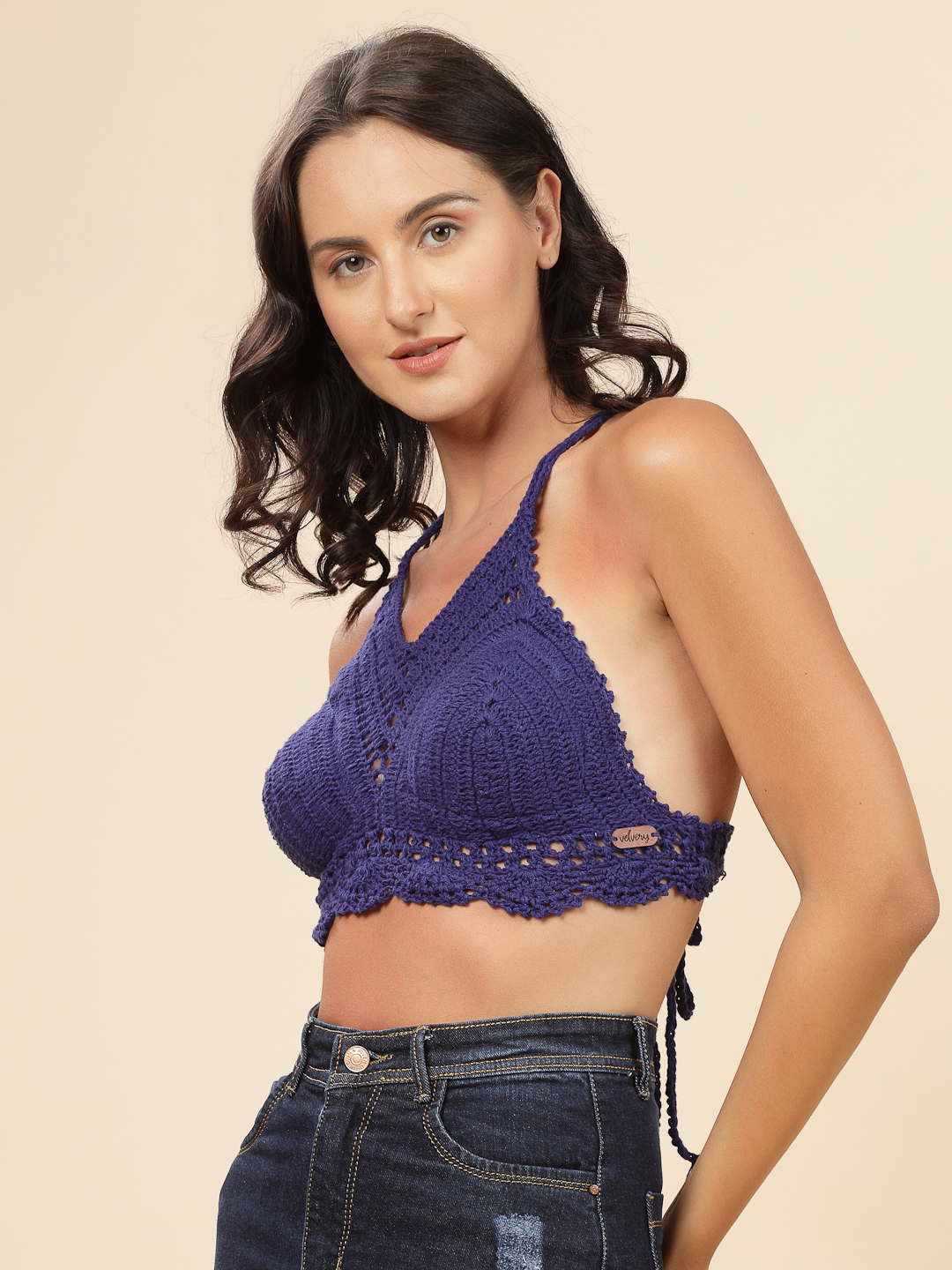 Velvery Crochet High Neck Beach Bra Top - Navy