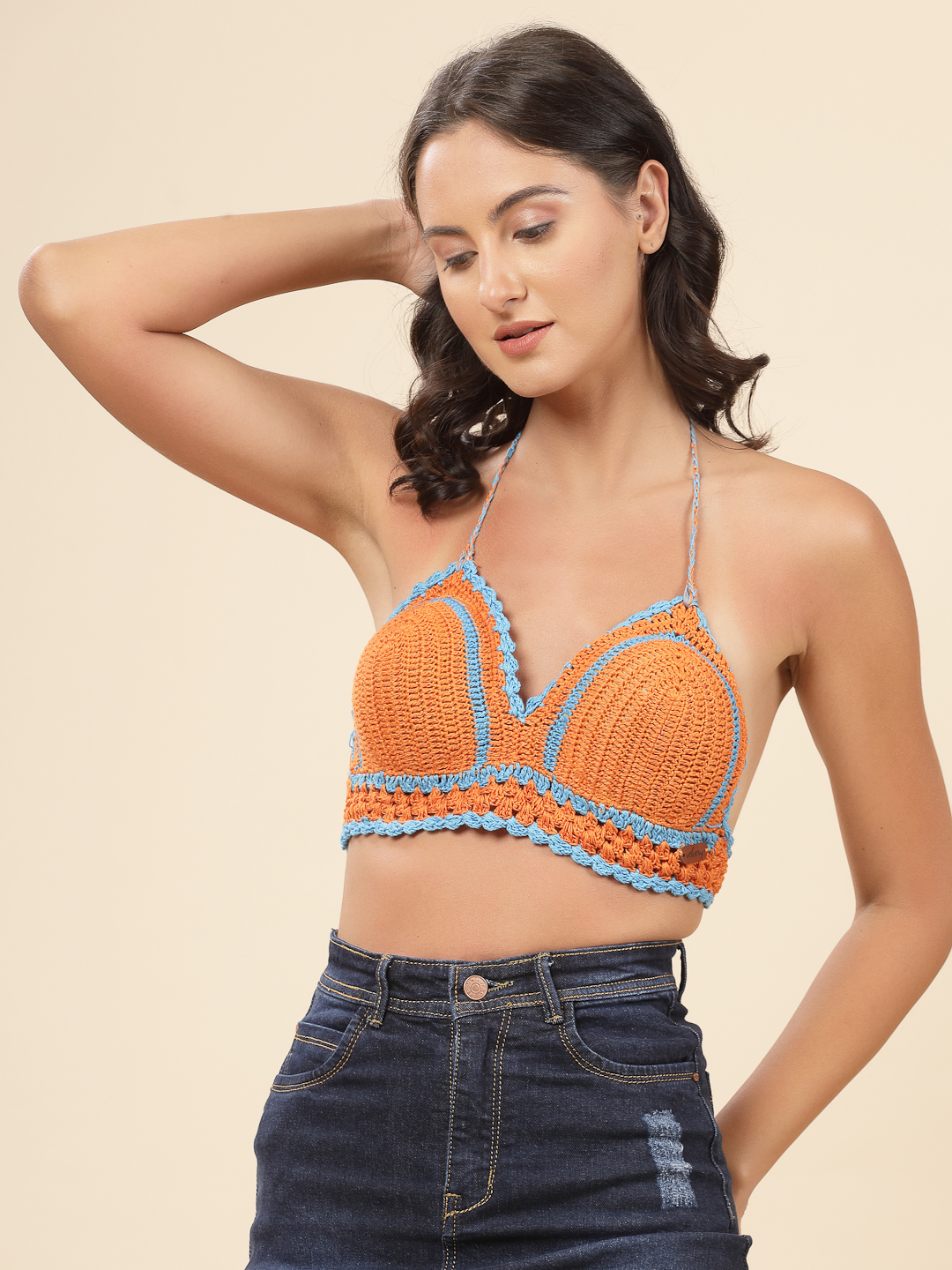 Velvery Crochet Halter Top with Scallop Edging - Orange