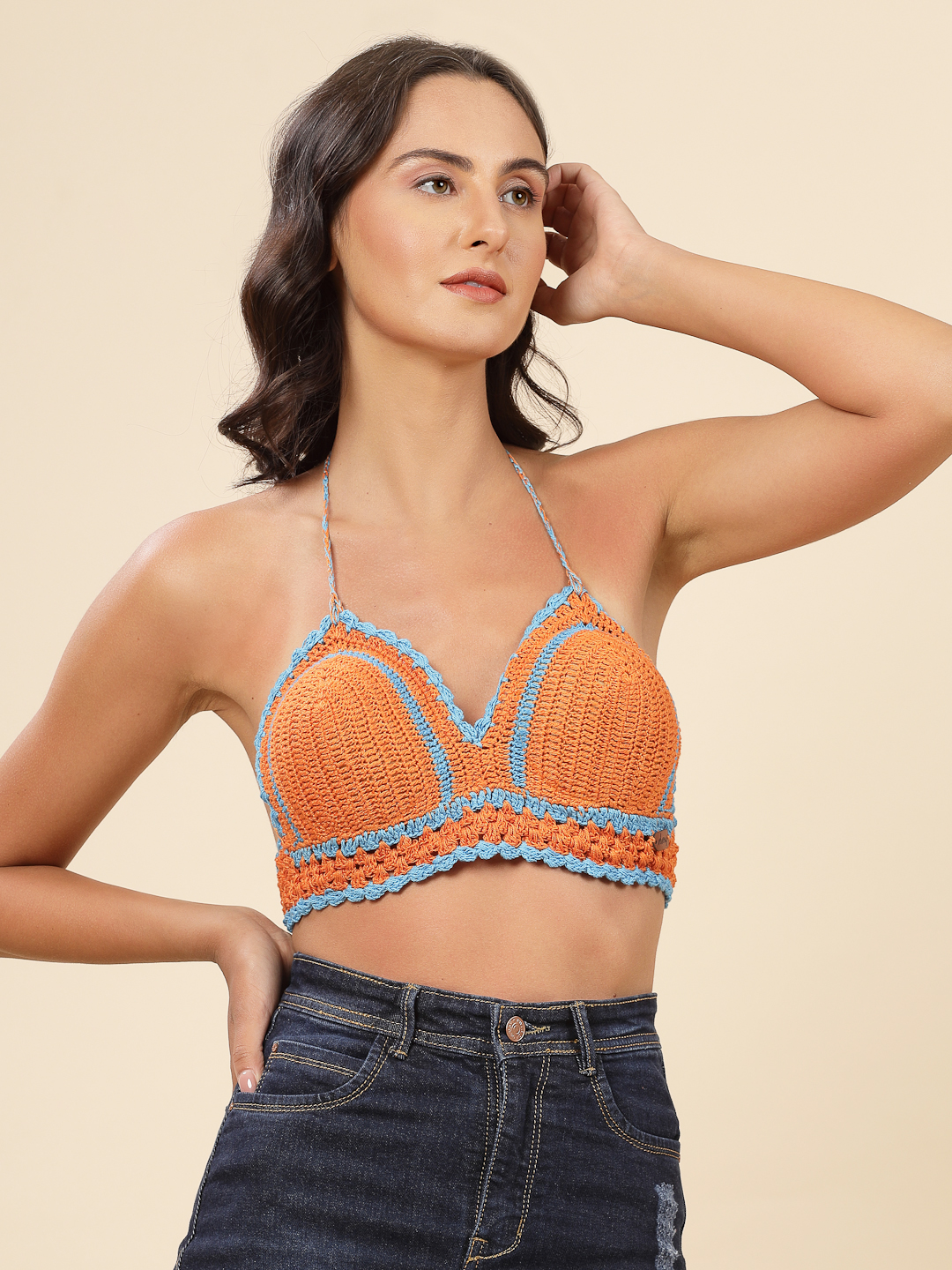 Velvery Crochet Halter Top with Scallop Edging - Orange