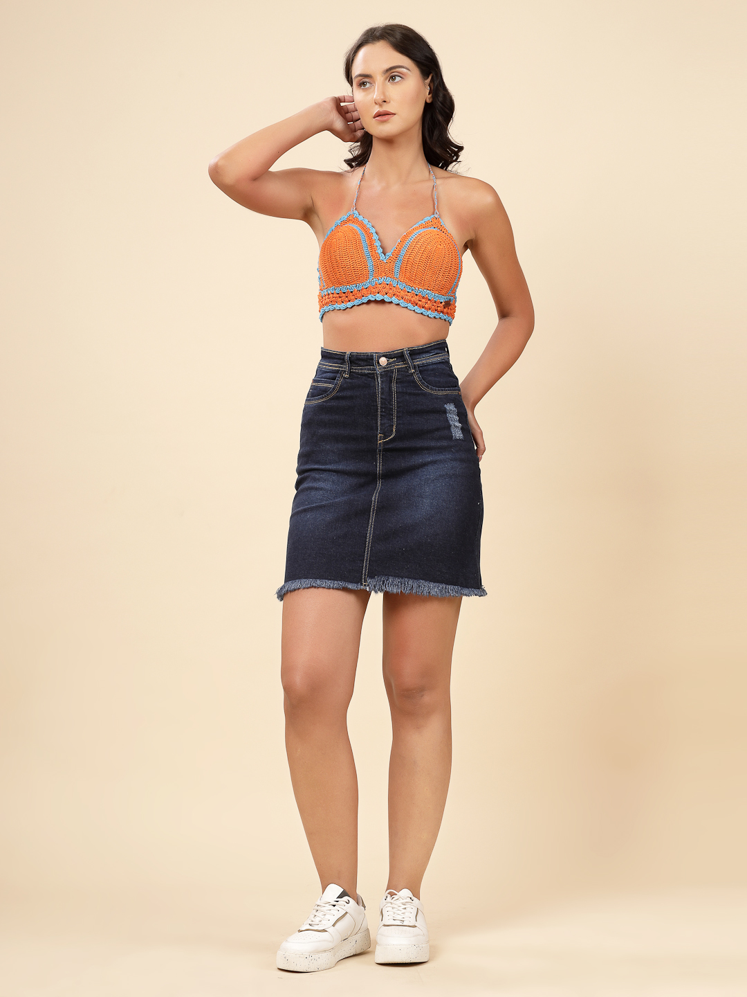 Velvery Crochet Halter Top with Scallop Edging - Orange